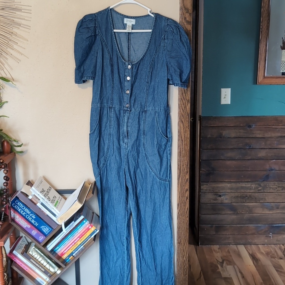 Jessica Simpson Blue Denim Jumpsuit With Puff Sleeves - Picture 2 of 7